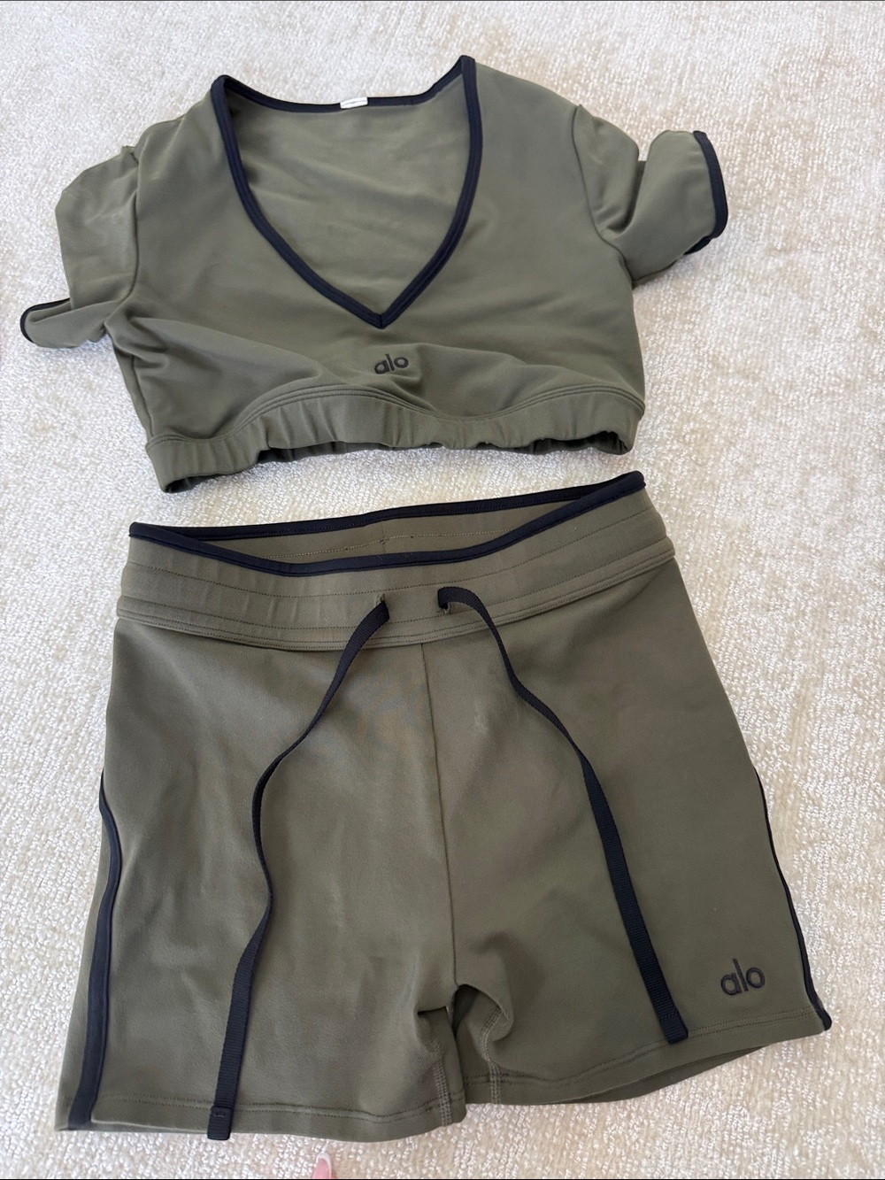 ALO Yoga Kids Olive Green Shorts with Black Trim